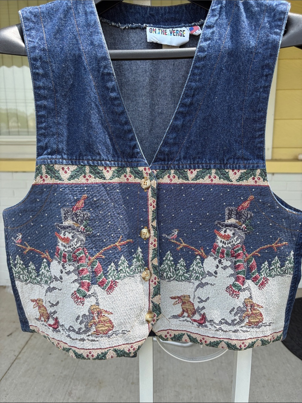 On The Verge Women's Denim Holiday Snowman Vest - Blue